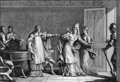Luis V el Holgazán (966-987), Rey de los Francos, expulsa a su madre, la Reina Emma de Italia (945-988), acusada de envenenar a su esposo, el Rey Lotario (941-986), 987. Grabado por Jean Michel Moreau, llamado Moreau le Jeune (1741-1814) de Jean Michel the Younger Moreau