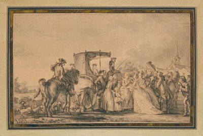 María Antonieta, saliendo de su carruaje y rodeada por su cortejo, consolando a un campesino, 1773 de Jean Michel the Younger Moreau