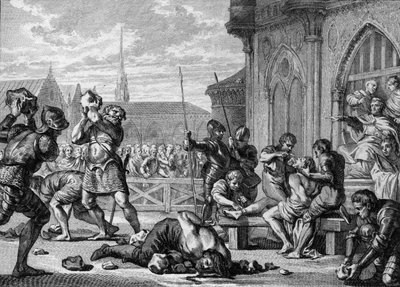 Martirio de San Leger y el Conde Guarin, 675: el obispo San Leger (616-675), a la derecha, tiene la lengua y los labios cortados. Su hermano, el Conde Guarin (izquierda) es apedreado. Grabado por Jean Michel Moreau, llamado Moreau le Jeune (1741-1814) de Jean Michel the Younger Moreau