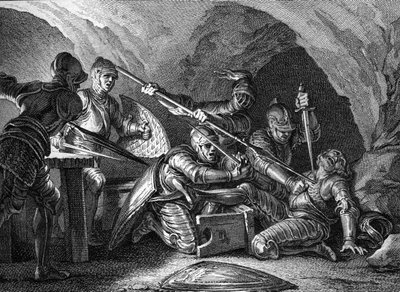 Reunión del Ducado de Aquitania a la Corona: Asesinato de Waifre (o Gaifier), Duque de Aquitania (767 o 768). Grabado por Romanet después de Moreau le jeune (1779). de Jean Michel the Younger Moreau