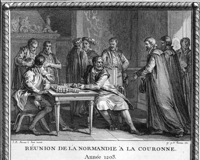 El apego de Normandía a Francia en 1203: grabado representa a Juan Sin Tierra (1167-1216) recibiendo la noticia de la conquista de Ruan por el rey francés Felipe Augusto. Grabado de Moreau le jeune de Jean Michel the Younger Moreau