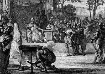 Ordalías o “los juicios de Dios”, 831: acusados de traición hacia Luis I el Piadoso o el Debonair (778-840), Judith Welf (805-843), su esposa, y Bernardo de Septimania (circa 800-844), chambelán del reino, tratan de probar su inocencia de Jean Michel the Younger Moreau