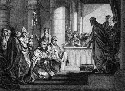 El Papa Gregorio III (fallecido en 741) pidió ayuda al Rey de los Francos Carlos Martel (688-741) para repeler a las tropas lombardas de Italia, 741. (grabado por Jean Michel Moreau, dit Moreau le Jeune) de Jean Michel the Younger Moreau