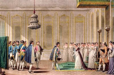 Propuesta de matrimonio por poder de Napoleón presentada a la Emperatriz de Austria por el príncipe de Neufchatel (Louis-Alexandre Berthier) - grabado según Jean-Michel Moreau le jeune - En una habitación de su apartamento, la emperatriz María Luisa de Aus de Jean Michel the Younger Moreau