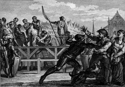 Castigo de Bernardo, Rey de Italia (ca. 797-818), 818: murió por rebelarse contra Luis I el Piadoso o el Debonnaire. Grabado por Jean Michel Moreau, conocido como Moreau le Jeune (1741-1814) de Jean Michel the Younger Moreau