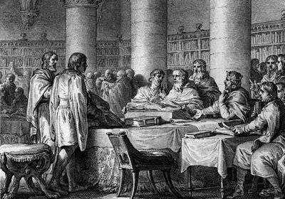 Restablecimiento de los estudios en Occidente por el Rey de los Francos Carlomagno (747-814) y el monje Alcuino. 781. Grabado por Jean Michel Moreau, conocido como Moreau le Jeune (1741-1814) de Jean Michel the Younger Moreau