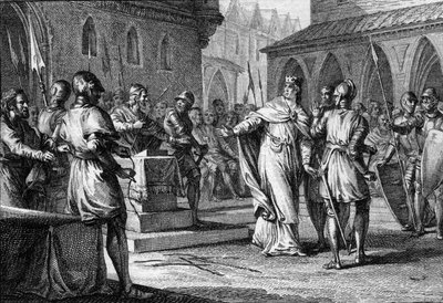 Levantamiento contra Carlos III el Simple por los señores liderados por Roberto (865-923) quien se convirtió en Rey de Francia en 922 como Roberto I, Soissons 920 (grabado) de Jean Michel the Younger Moreau