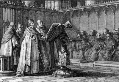 Roberto II el Piadoso (970-1031), rey de los francos, cantando en un servicio religioso frente a un atril. Lleva su corona y sostiene su cetro. Grabado por Jean Michel Moreau, llamado Moreau el Joven (1741-1814) de Jean Michel the Younger Moreau