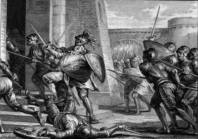 Robert el Fuerte murió (circa 815-866), Duque de Francia, durante la Batalla de Brissarthe, en 866, oponiéndose los francos a un ejército combinado de bretones y vikingos. Grabado por Jean Michel Moreau, conocido como Moreau le Jeune (1741-1814) de Jean Michel the Younger Moreau