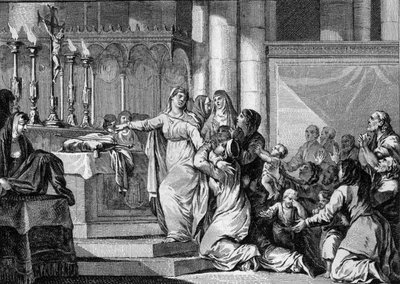 Santa Bathilde (626-680), Reina de los Francos y viuda de Clodoveo II, decidió tomar el velo en el monasterio de Chelles en 665. Sus súbditos intentan detenerla. (grabado por Jean Michel Moreau, dit Moreau le Jeune) de Jean Michel the Younger Moreau