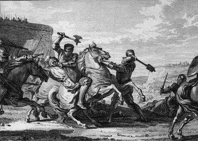 Sitio de París por el Ejército de Otón II, 978: un caballero alemán (el sobrino del Emperador) es asesinado mientras intenta entrar en París. Grabado por Jean Michel Moreau, llamado Moreau le Jeune (1741-1814) de Jean Michel the Younger Moreau