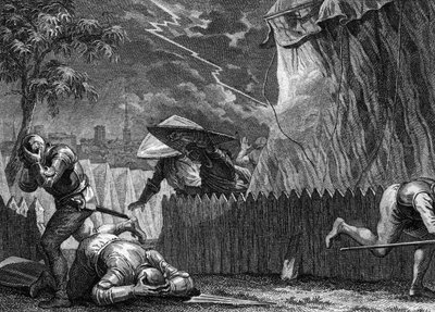 Asedio de Poitiers, 954: durante una tormenta, un rayo destruyó la tienda de Hugo el Grande (897-956). (grabado por Jean Michel Moreau, dit Moreau le Jeune) de Jean Michel the Younger Moreau