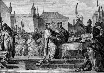 Sucesión de Pipino el Breve, 768: una asamblea decidió dividir el reino entre sus dos hijos, Carlomagno (747-814) y Carlomán (ca. 751-771), rompiendo así los arreglos hechos por Pipino el Breve. Grabado por Jean Michel Moreau, llamado Moreau le Jeune de Jean Michel the Younger Moreau