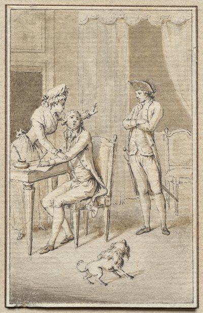Tres figuras con un perro de Jean Michel the Younger Moreau