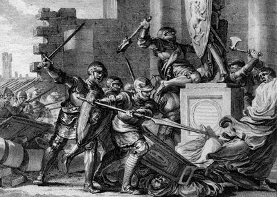 Guerra contra los sajones, 772: destrucción del templo y el ídolo de Irminsul, la deidad pagana de los sajones, por el ejército de Carlomagno. Ehresburg, Alemania. Grabado por Jean Michel Moreau, llamado Moreau le Jeune (1741-1814) de Jean Michel the Younger Moreau