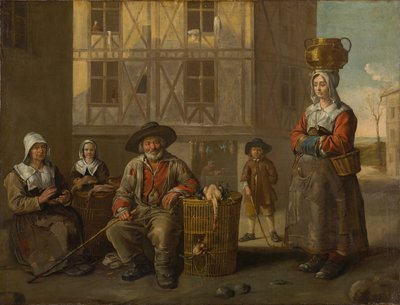 Un comerciante de aves y una anciana calentando sus manos, circa 1652 de Jean Michelin