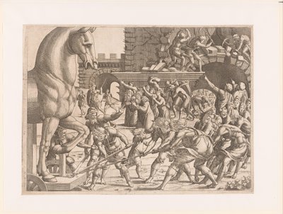 Trayendo el Caballo de Troya Historia de la Guerra de Troya (título de la serie) de Jean Mignon (attributed to)