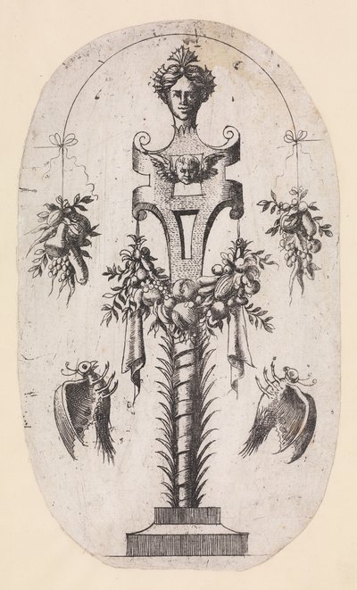 Diseño para un término con la cabeza de una mujer, correas y trofeos, 1535-55 de Jean Mignon