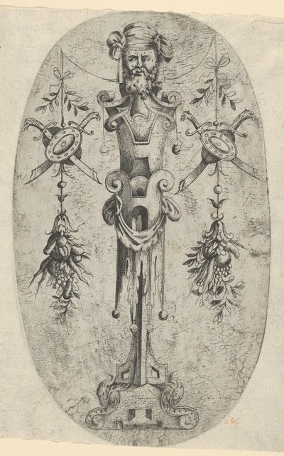 Figura terminal masculina, cabeza con barba y turbante en un pedestal de tres cuartos de Jean Mignon