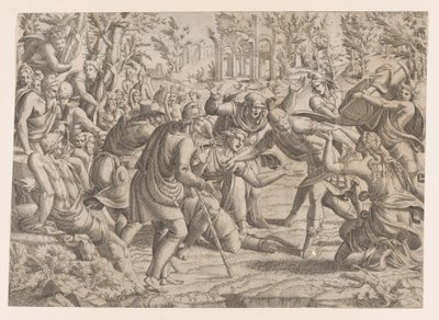 El traicionero Sinon llevado al campamento troyano por los pastores, 1535-1555 de Jean Mignon
