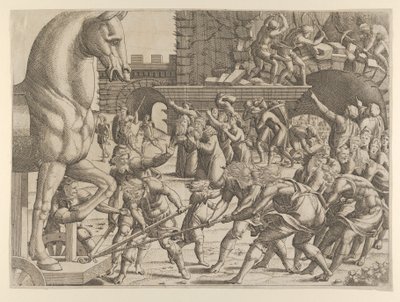 Los troyanos llevan el caballo de madera a su ciudad, 1535-55 de Jean Mignon