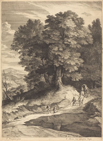 Borde de un bosque con viajeros en un carruaje de Jean Morin, after Jacques Fouquières