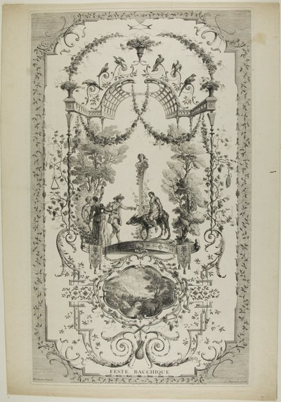 Feste Bacchique, lámina 97 de "Las obras de Antoine Watteau de Jean Moyreau