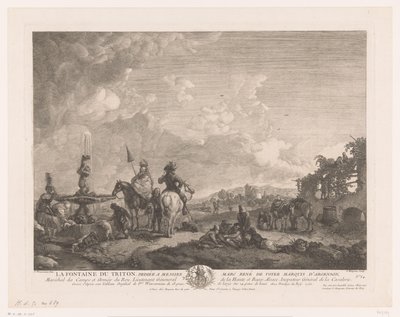 Paisaje con figuras junto a una fuente. La Fontaine du Triton (título sobre el objeto) Impresiones de pinturas de Philips Wouwerman (título de la serie) Oeuvres de Ph.pe Wouwermans Hollandois (título de la serie) de Jean Moyreau