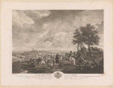 Paisaje con comerciantes de caballos en un mercado Les Maquignons à la Foire (título sobre objeto) Impresiones de pinturas de Philips Wouwerman (título de la serie) Oeuvres de Ph.pe Wouwermans Hollandois (título de la serie) de Jean Moyreau