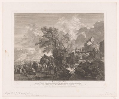 Paisaje con viajeros en una cascada. La cascada (título sobre objeto) Impresiones de pinturas de Philips Wouwerman (título de la serie) Oeuvres de Ph.pe Wouwermans Hollandois (título de la serie) de Jean Moyreau