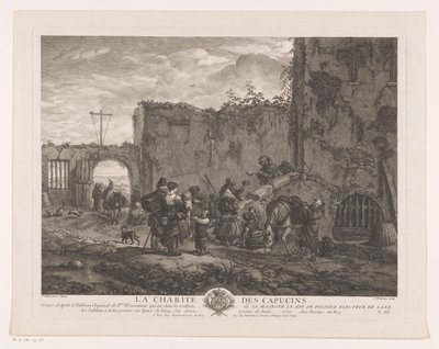 Los monjes reparten comida a los peregrinos en un patio La Charité des Capucins (título sobre el objeto) Impresiones de pinturas de Philips Wouwerman (título de la serie) Oeuvres de Ph.pe Wouwermans Hollandois (título de la serie) de Jean Moyreau