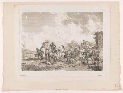 Partida de caza descansando junto a una fuente La Fontaine de Venus Impresiones de pinturas de Philips Wouwerman (título de la serie) Oeuvres de Ph.pe Wouwermans Hollandois (título de la serie) de Jean Moyreau