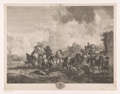 Partida de caza descansando junto a una fuente La Fontaine de Venus Impresiones de pinturas de Philips Wouwerman (título de la serie) Oeuvres de Ph.pe Wouwermans Hollandois (título de la serie) de Jean Moyreau