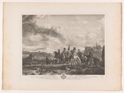 Partida de caza descansando en un paisaje Le Conseil des Chasseurs (título sobre el objeto) Impresiones de pinturas de Philips Wouwerman (título de la serie) Oeuvres de Ph.pe Wouwermans Hollandois (título de la serie) de Jean Moyreau