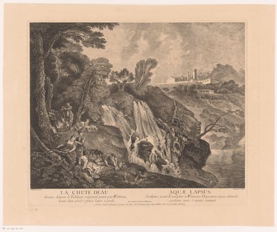 Rustende figuren bij een waterval La Cascada - Aquae Lapsus (título sobre el objeto) Obra de Antoine Watteau (título de la serie) La obra de Antoine Watteau, pintor del rey en su Real Academia de Pintura y Escultura (...) (título de serie) de Jean Moyreau