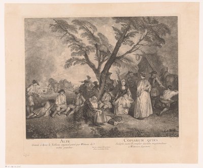 Rustende reizigers bij een halte Alte - Copiarum Quies (título sobre el objeto) Obra de Antoine Watteau (título de la serie) La obra de Antoine Watteau, pintor del rey en su Real Academia de Pintura y Escultura (...) (título de serie) de Jean Moyreau