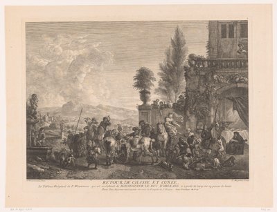 Partido de caza que regresa Devolver el chasse et curée (título sobre el objeto) Impresiones de pinturas de Philips Wouwerman (título de la serie) Oeuvres de Ph.pe Wouwermans Hollandois (título de la serie) de Jean Moyreau