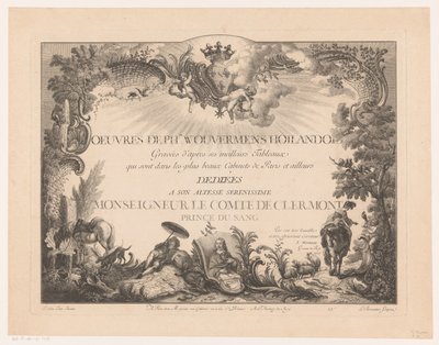 Lámina de título con figuras y animales en un paisaje, con el retrato de Philips Wouwerman Impresiones de pinturas de Philips Wouwerman (título de la serie) Oeuvres de Ph.pe Wouwermans Hollandois (título de la serie sobre el objeto) de Jean Moyreau