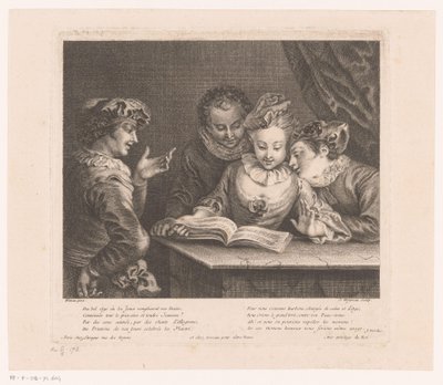 mujer joven, canto, y, tres, hombres jóvenes, en, un, mesa Obra de Antoine Watteau (título de la serie) L