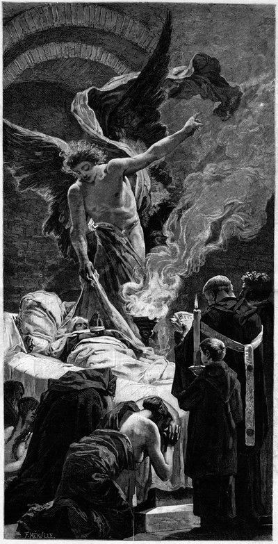 La transfiguración de Santa Genoveva. Grabado después del fresco de Jean Paul Laurens (1838-1921) en el Panteón de París. En El Mundo Ilustre n°1312 del 20 de mayo de Jean Paul (after) Laurens