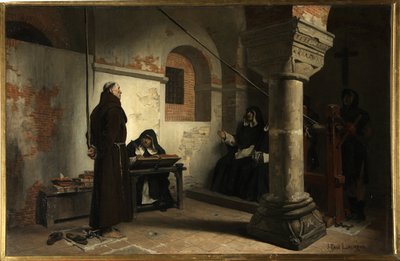 Bernard Delicieux (1260-1319) ante el Tribunal de la Inquisición - Pintura de Jean Paul (Jean-Paul) Laurens (1838-1921), óleo sobre lienzo, ca. 1881, 79x121 cm - (Bernard Delicieux ante el Tribunal de la Inquisición, Óleo sobre lienzo de Jean Paul Laurens) de Jean Paul Laurens