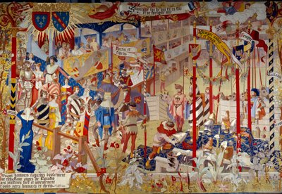 Escena de torneo a finales del siglo XIV. Tapiz de los Gobelinos para decorar la sala pública de los Archivos Nacionales en París con un cartón pintado por el artista Jean-Paul Laurens (1838-1921) de Jean Paul Laurens