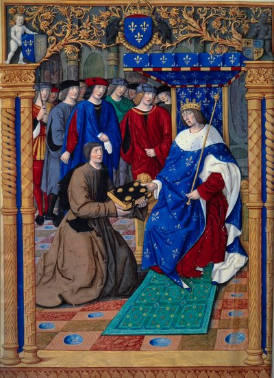 Francesco Petrarca o Petrarca presenta su libro al rey de Francia Luis XII. Miniatura de "Remedios contra ambas fortunas. De remediis utriusque fortunae" de Petrarque (1304-1374) y enluminado por Jean Pichore hacia 1503. París, NL de Jean Pichore