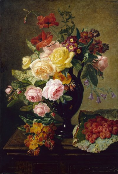 Rosas, amapolas y alhelíes en un jarrón con frambuesas (óleo sobre lienzo) de Jean Pierre Lays
