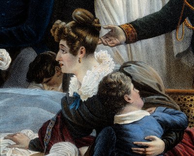 La muerte de Napoleón, 5/05/1821 en Santa Elena (detalle) representando a Fanny Bertrand, esposa de Henri Gatien Bertrand. Litografía de Jean Pierre Marie Jazet basada en la pintura de Charles Auguste Steuben. Château de Malmaison de Jean Pierre Marie Jazet