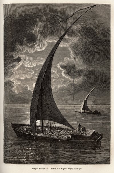 Las barcas del alto Nilo, tripulación reducida y pasajeros durmiendo en cubierta, a la luz de la luna, grabado después del dibujo de J.Moynet, ilustrando el viaje al corazón de África en 1868-1871, por el Dr. Georges Schweinfurth, publicado en “Le tour du  de Jean Pierre Moynet