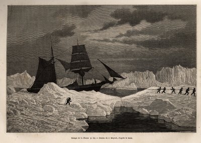 El arrastre del barco alemán La Hansa, por su tripulación, para cruzar una barrera de hielo hacia aguas navegables, grabado después del dibujo de J.Moynet, ilustrando el viaje de los barcos La Germania y La Hansa al Polo Norte en 1869-1870, por el Capitán de Jean Pierre Moynet