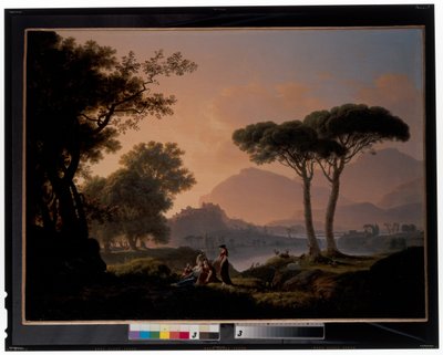 Mañana y tarde: Un paisaje clásico con pastores y ninfas junto a un lago y un castillo en lo alto de una colina. de Jean Pierre Pequignot