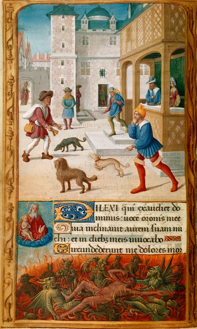 Yates Thompson 5, f.70v, Miniatura con Dives, festejando con su esposa y abordado por Lázaro, en un paisaje urbano, seguido en el borde inferior por Dives atormentado por demonios y vigilado por el alma de Lázaro, que está en poder de Dios en el cielo , y  de Jean Poyer
