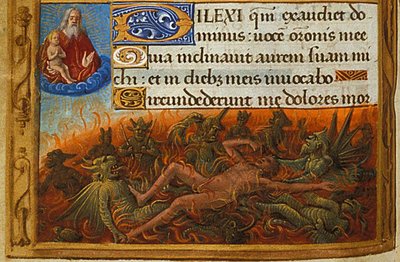 Libro de horas, detalle: Dives atormentado por demonios y observado por el alma de Lázaro, c. 1500 de Jean Poyet